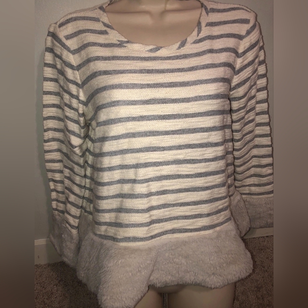 Blue/Ivory Textured Faux Fur Trim Striped Sweater Maeve By Anthropologie Sz Med